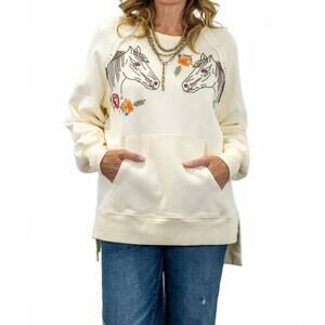 NEW IN-LOOM embroidered horse pullover sweater in white